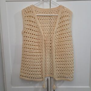 Vintage 70s Crochet Vest Cream Boho Handmade Granny Festival Hippie Peasant S/M